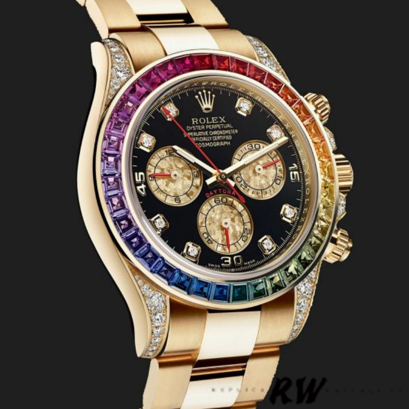 Rainbow Bezel Black Diamond Dial Yellow Gold Chronograph 40mm Mens