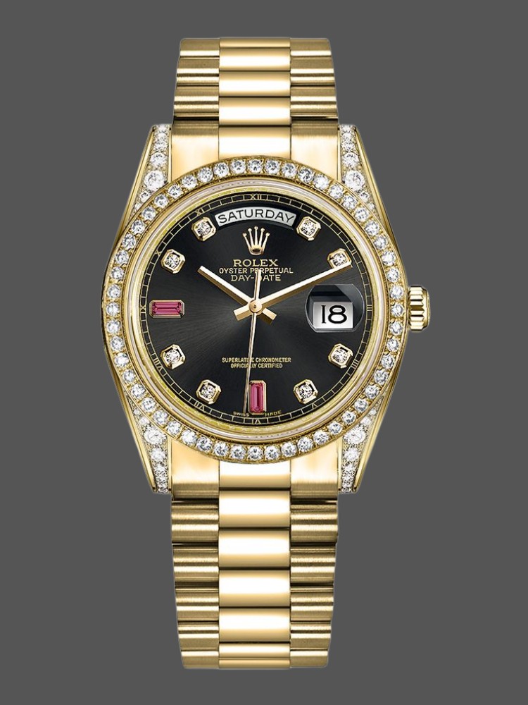 Yellow Gold Black Diamond Ruby Dial Date