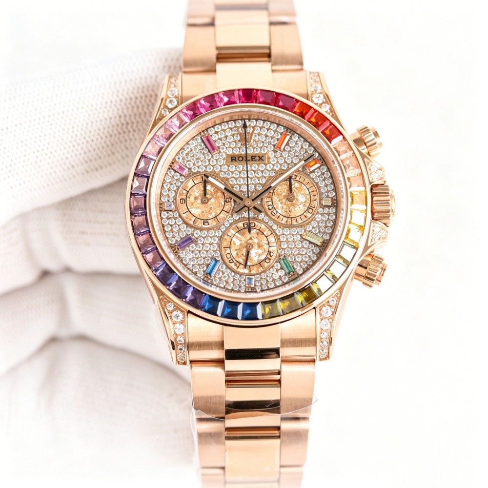 Rainbow Accent Gem Chronograph Watch - Automatic Racing Timepiece