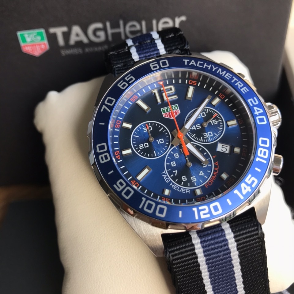 43mm Racing Chronograph Watch Blue Dial with Blue White Strap