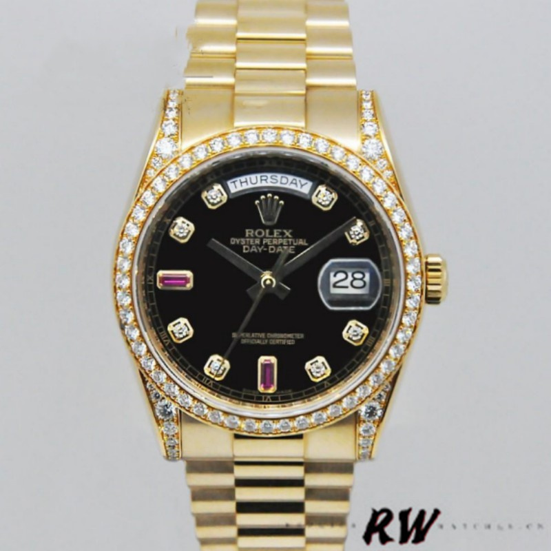 Yellow Gold Black Diamond Ruby Dial Date