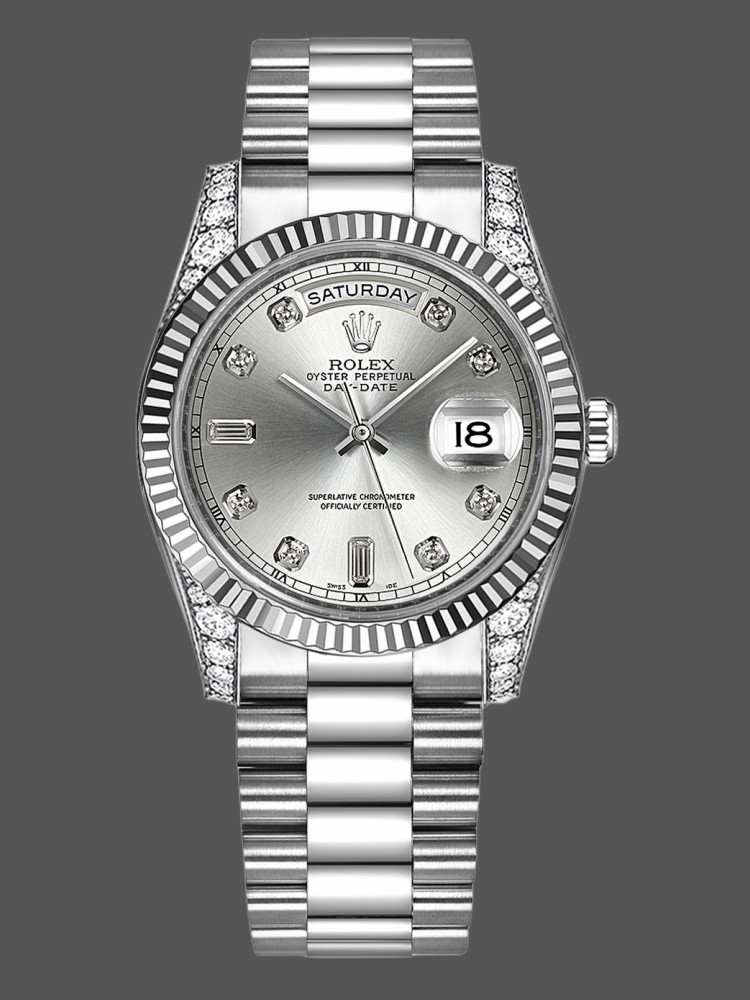White Gold Silver Dial Fluted Bezel Date