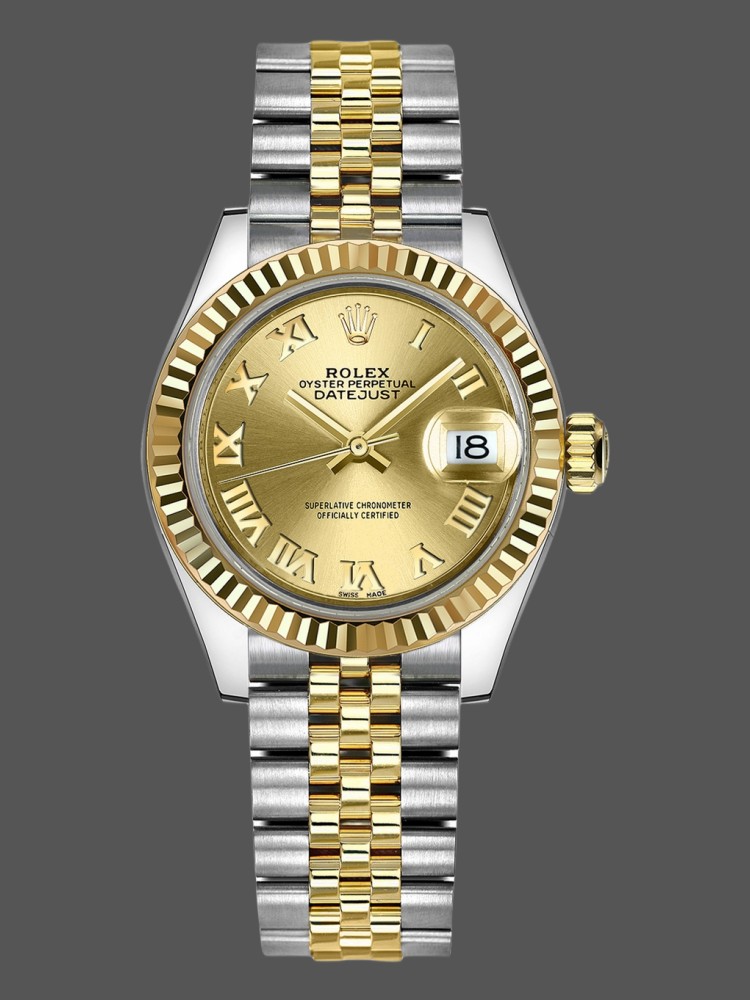 Champagne Roman Numeral Dial Fluted Bezel Yellow Gold 28mm Lady