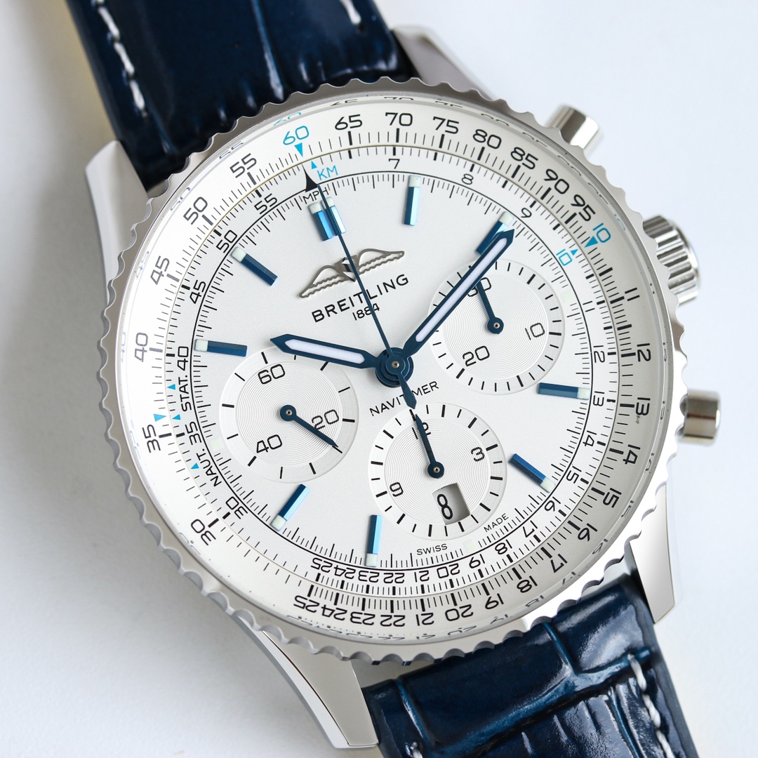 White Dial Blue Hands Racing Chronograph Silver Slide Rule Automatic Watch
