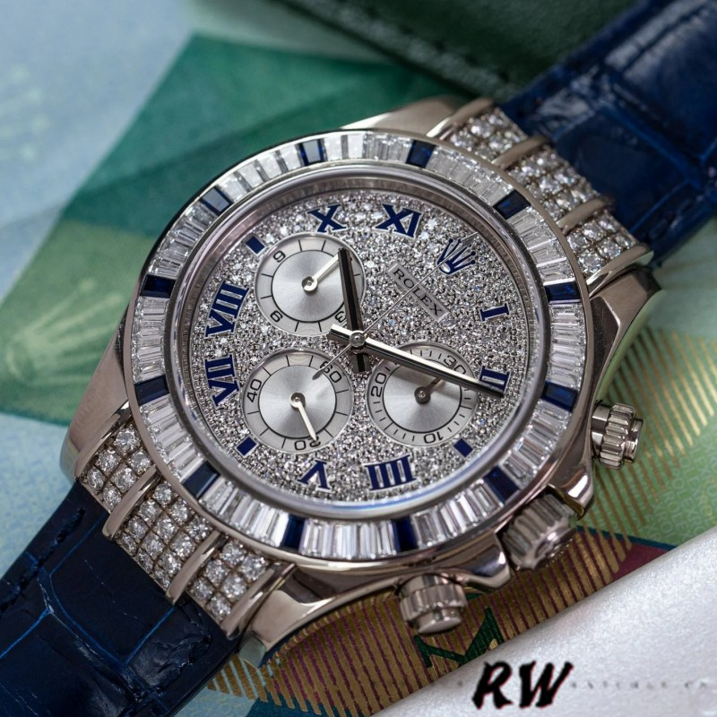 Pave Diamond Dial Blue Leather Strap Chronograph 40mm Mens