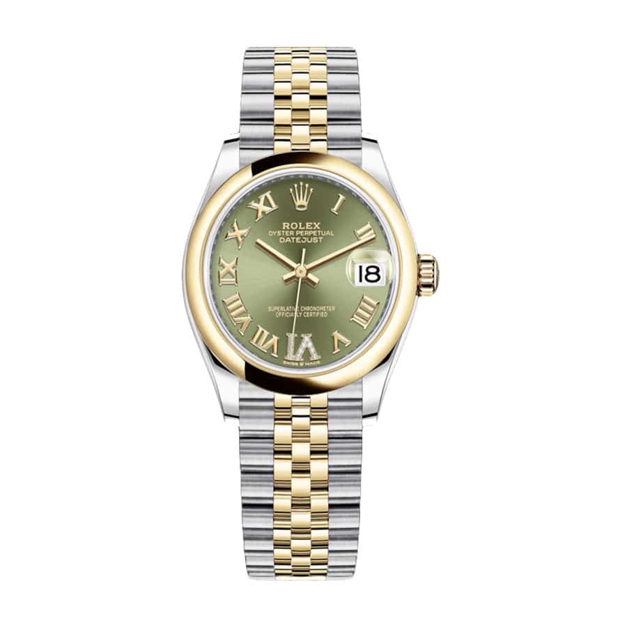 Green Roman Dial Fluted Bezel Yellow Gold 28mm Lady