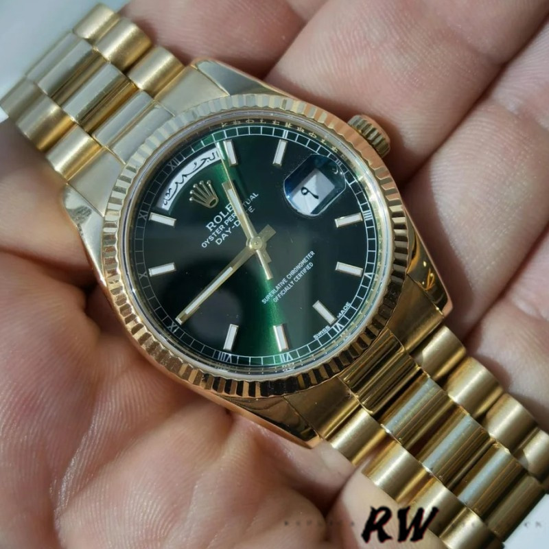 Yellow Gold Fluted Bezel Green Dial Date
