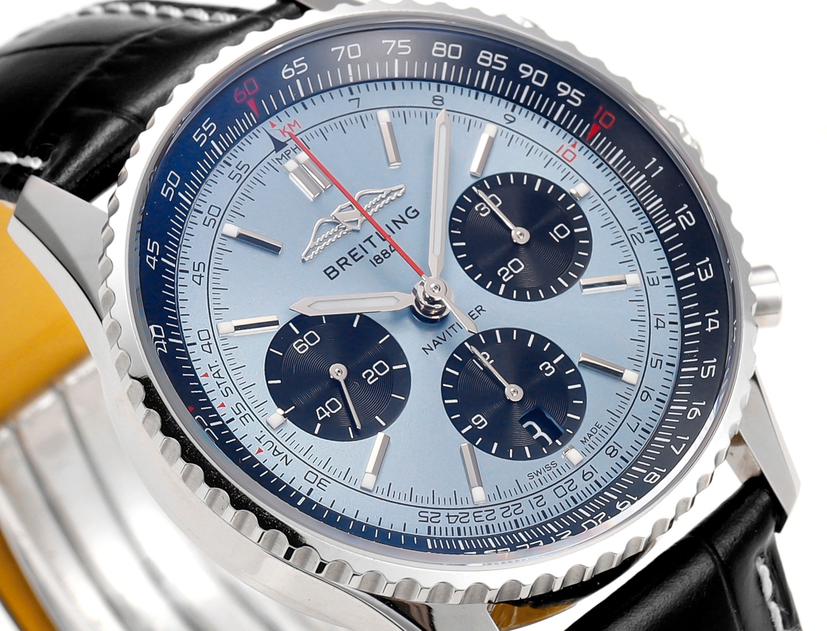 Ice Blue Dial Racing Chronograph Deep‑Blue Slide Rule Automatic Watch