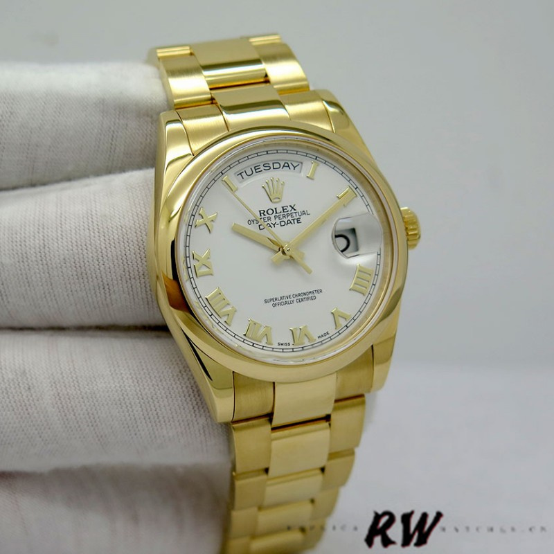 White Dial Roman Numeral Yellow Gold Date 36mm Unisex