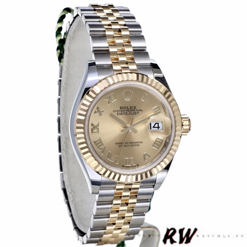 Champagne Roman Numeral Dial Fluted Bezel Yellow Gold 28mm Lady