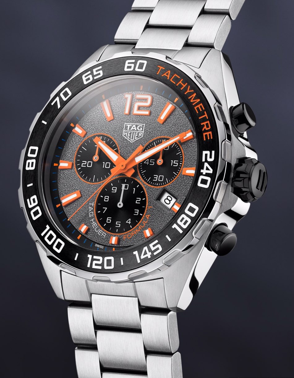 43mm Racing Chronograph Watch Grey Dial Orange Accent with Steel Bracelet