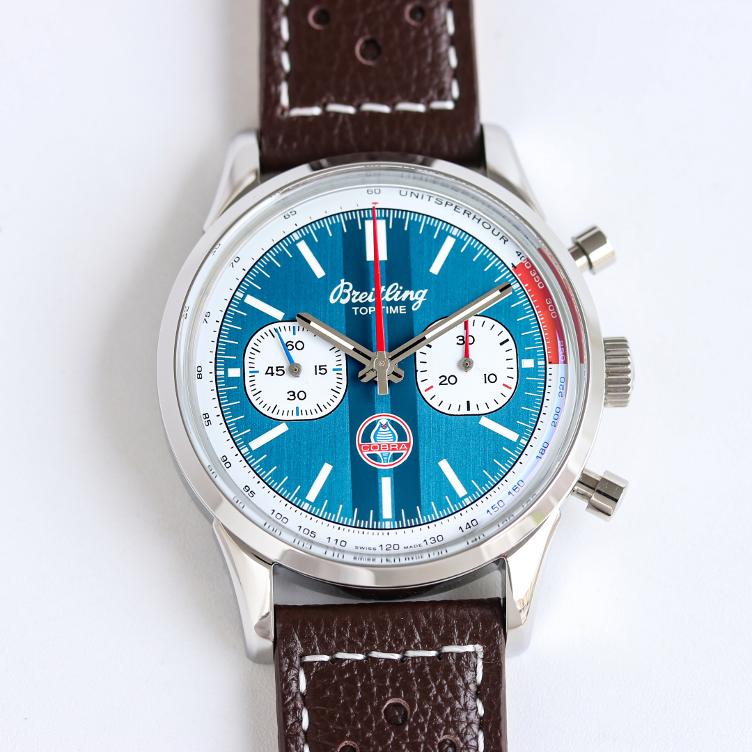 Vintage Racing Chronograph | 42mm Stainless Steel Case Teal Blue Stripe Stick Two-Register