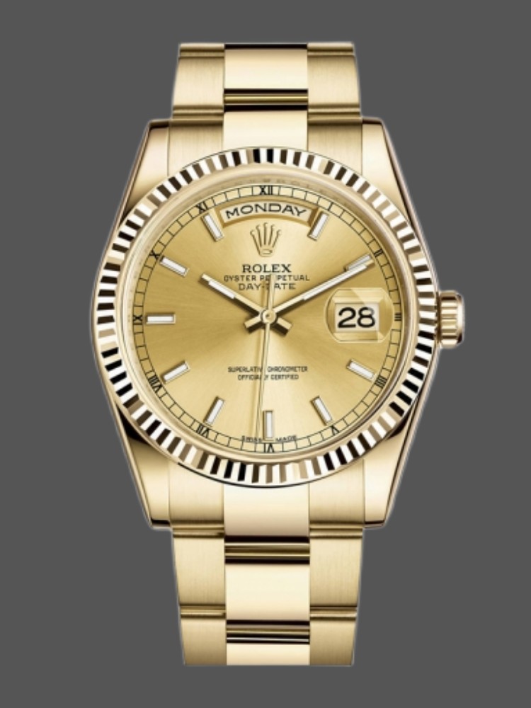 Yellow Gold Fluted Bezel Champagne Dial Date