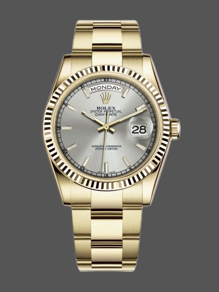Yellow Gold Silver Dial Fluted Bezel Date