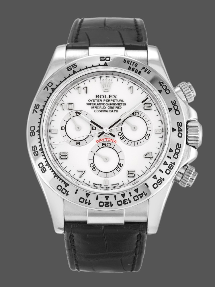 White Arabic Dial Black Leather Strap Chronograph 40mm Mens
