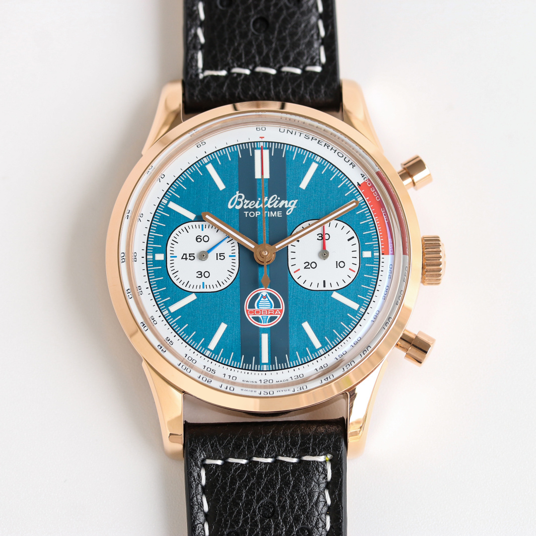 Vintage Racing Chronograph | 42mm Rose Gold-Toned Case Teal Blue Racing Stripes