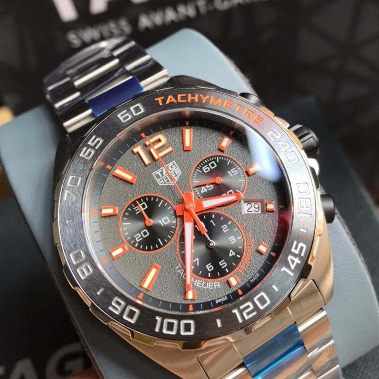 43mm Racing Chronograph Watch Grey Dial Orange Accent with Steel Bracelet