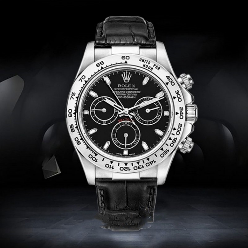 Black Dial Black Leather Strap Chronograph 40mm Mens