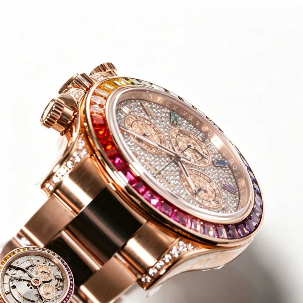 Rainbow Accent Gem Chronograph Watch - Automatic Racing Timepiece