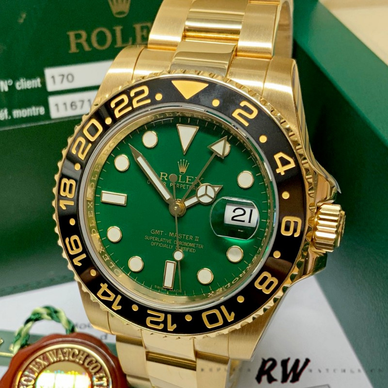 Green Dial Yellow Gold Dual Time 40mm Mens