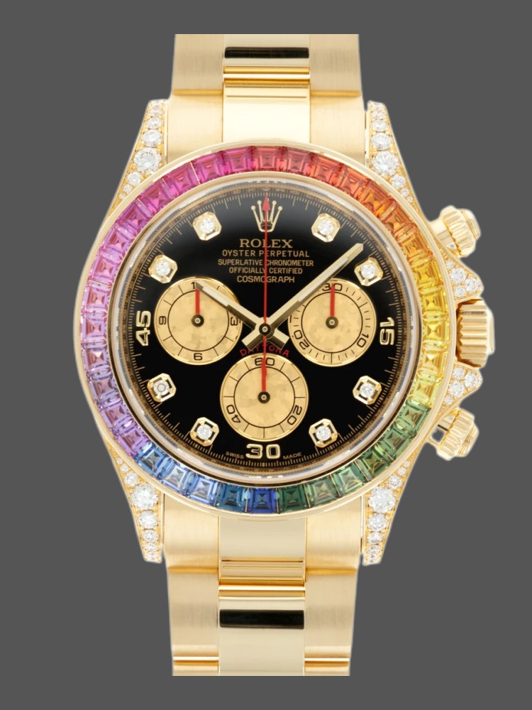 Rainbow Bezel Black Diamond Dial Yellow Gold Chronograph 40mm Mens