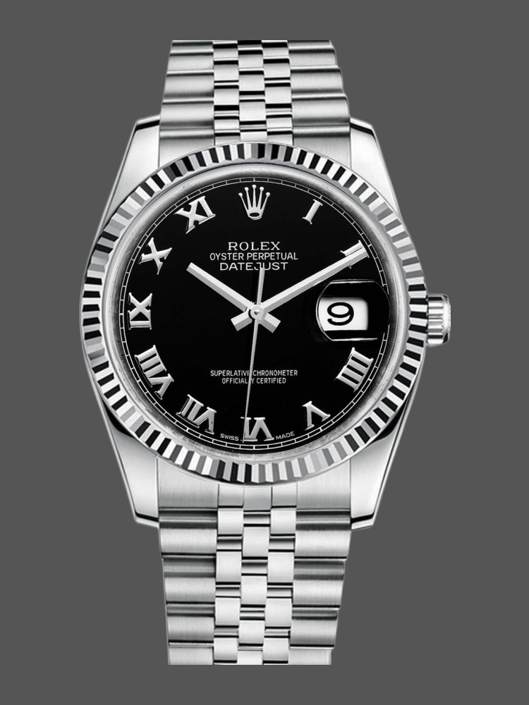 Steel Grooved Bezel Black Roman Numeral Date