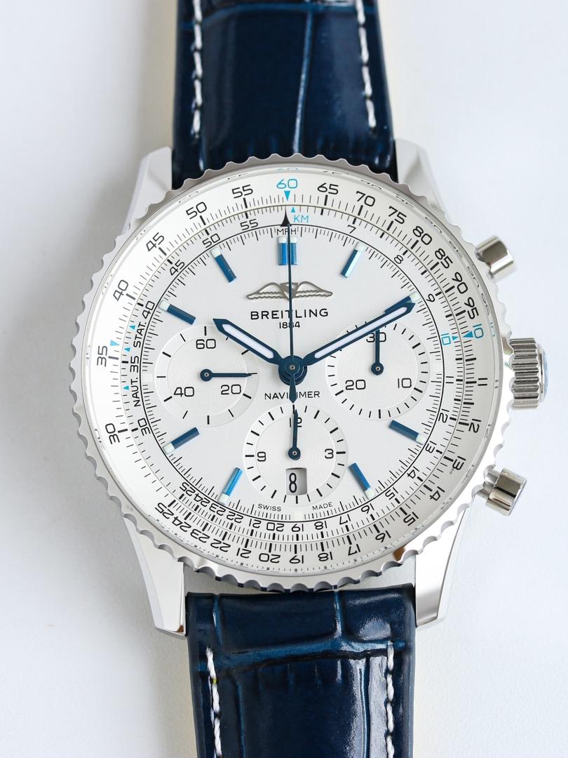 White Dial Blue Hands Racing Chronograph Silver Slide Rule Automatic Watch