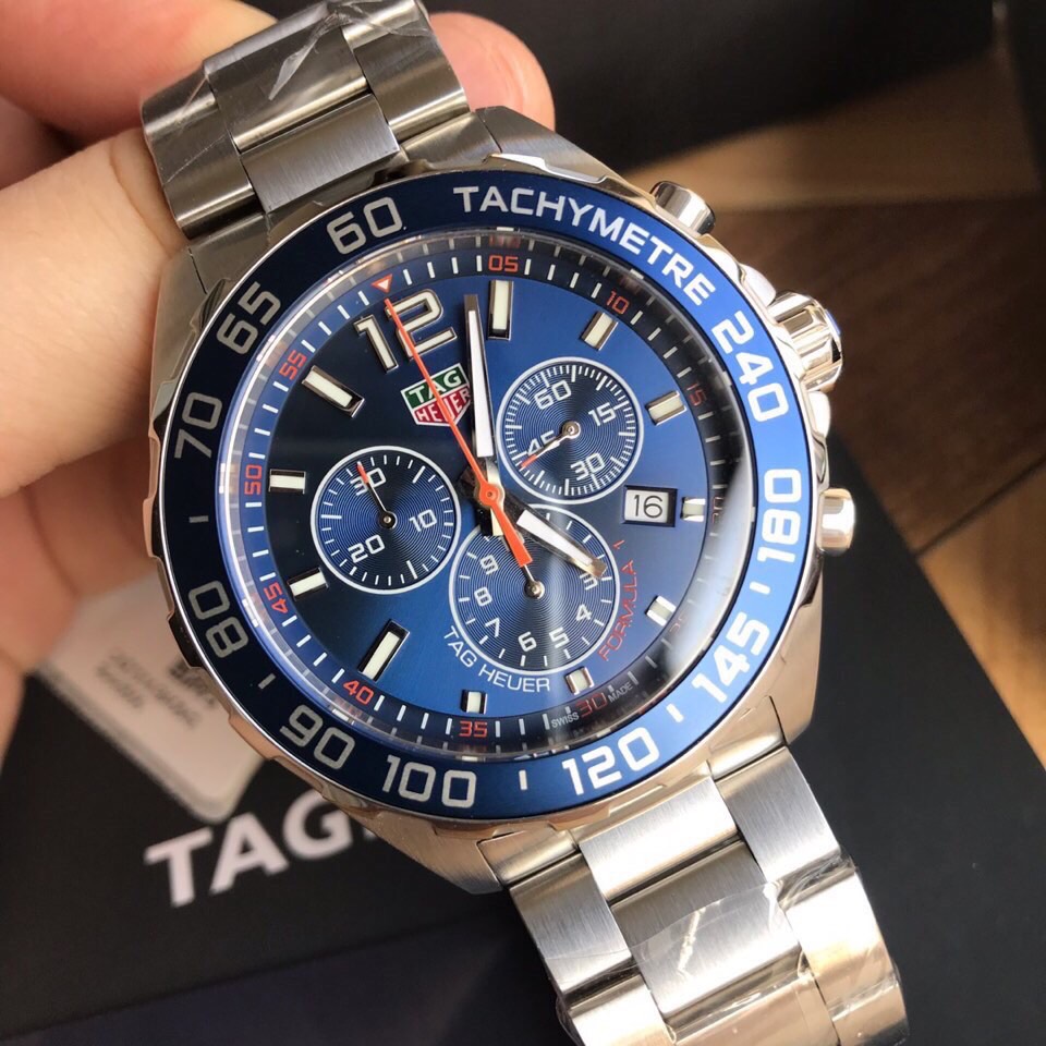 43mm Racing Chronograph Watch Blue Dial Orange Accent with Steel Bracelet