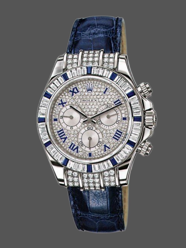 Pave Diamond Dial Blue Leather Strap Chronograph 40mm Mens