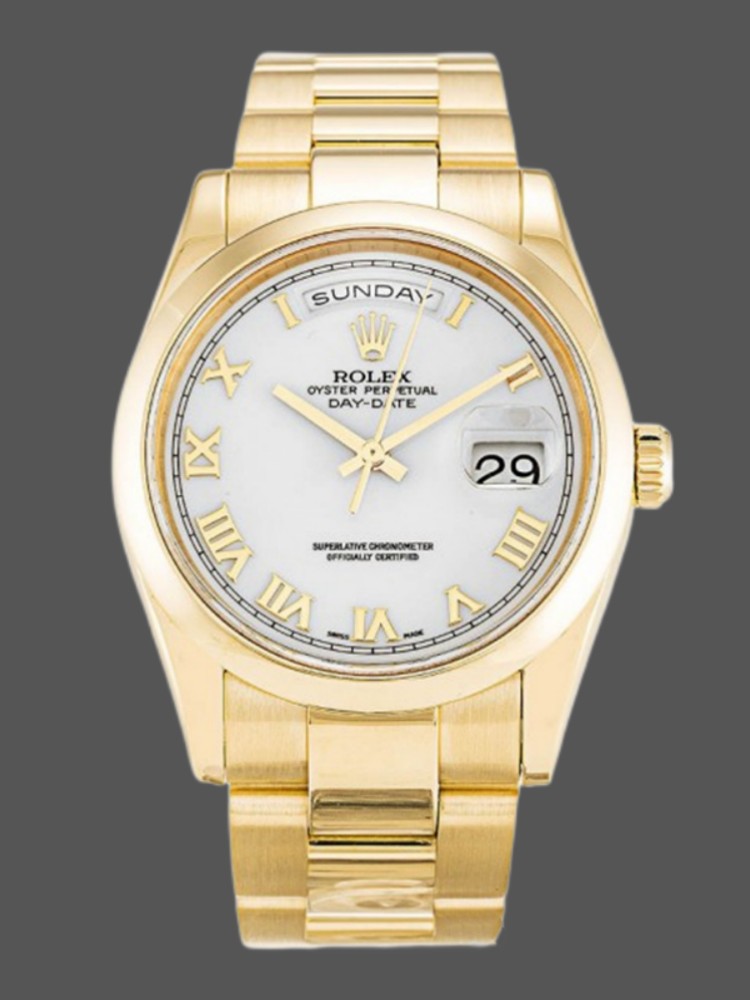 White Dial Roman Numeral Yellow Gold Date 36mm Unisex