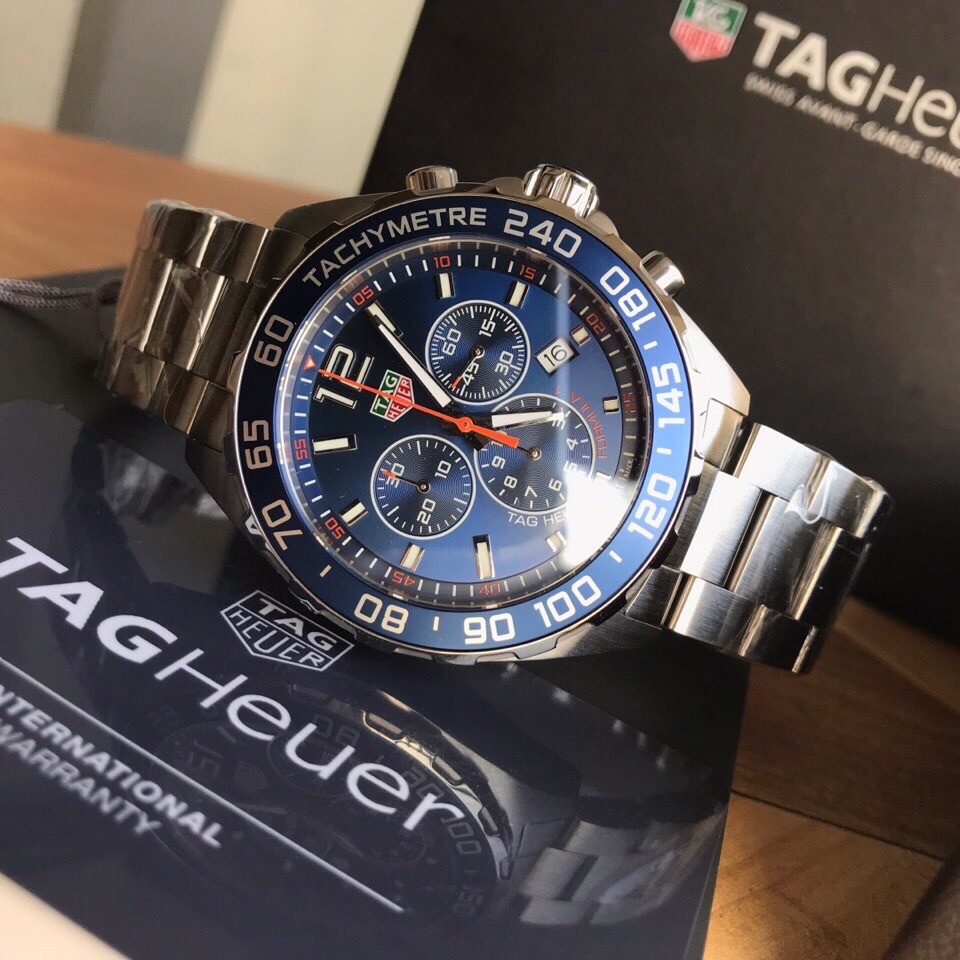 43mm Racing Chronograph Watch Blue Dial Orange Accent with Steel Bracelet