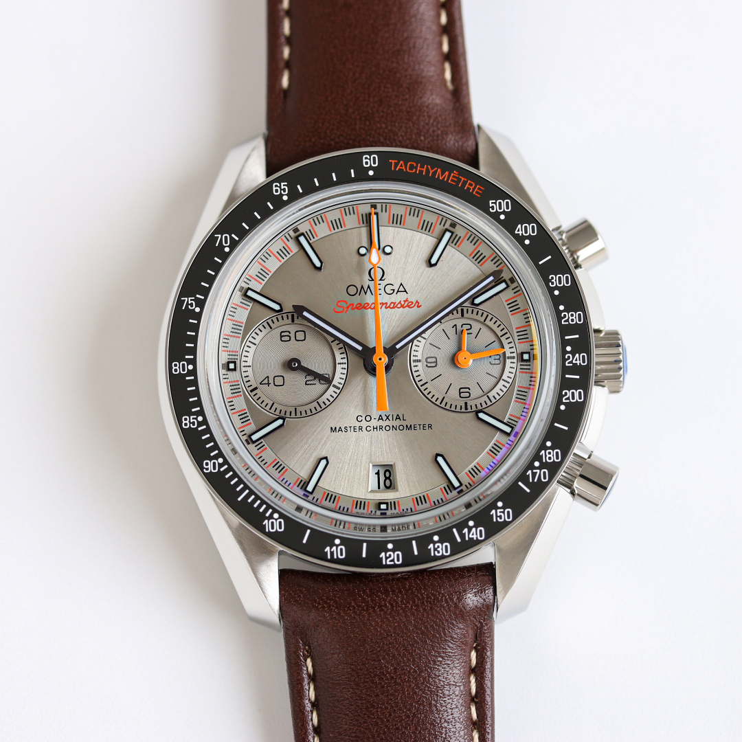 Grey Metallic Chronograph | Brown Leather Strap & Orange Accents